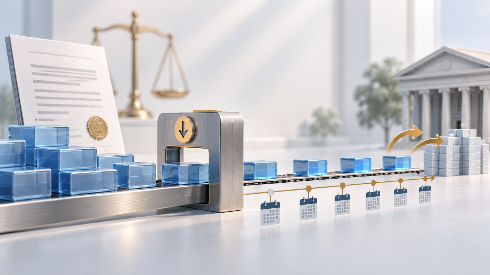 Blocos representando créditos judiciais atravessam um limitador e seguem por uma linha do tempo mensal