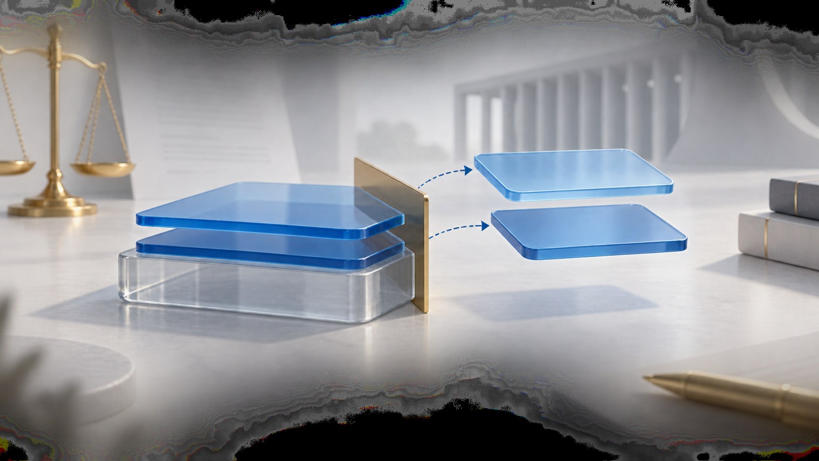 Duas camadas tributárias azuis são separadas de uma base de cálculo transparente em uma representação conceitual