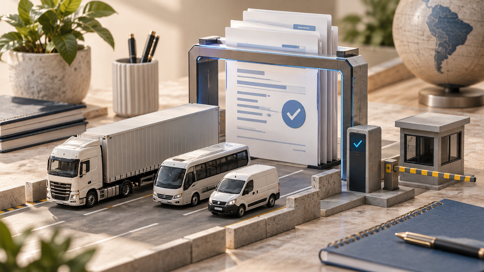 Miniatura ilustrativa de veículos de transporte e documentos fiscais em uma estação de validação.