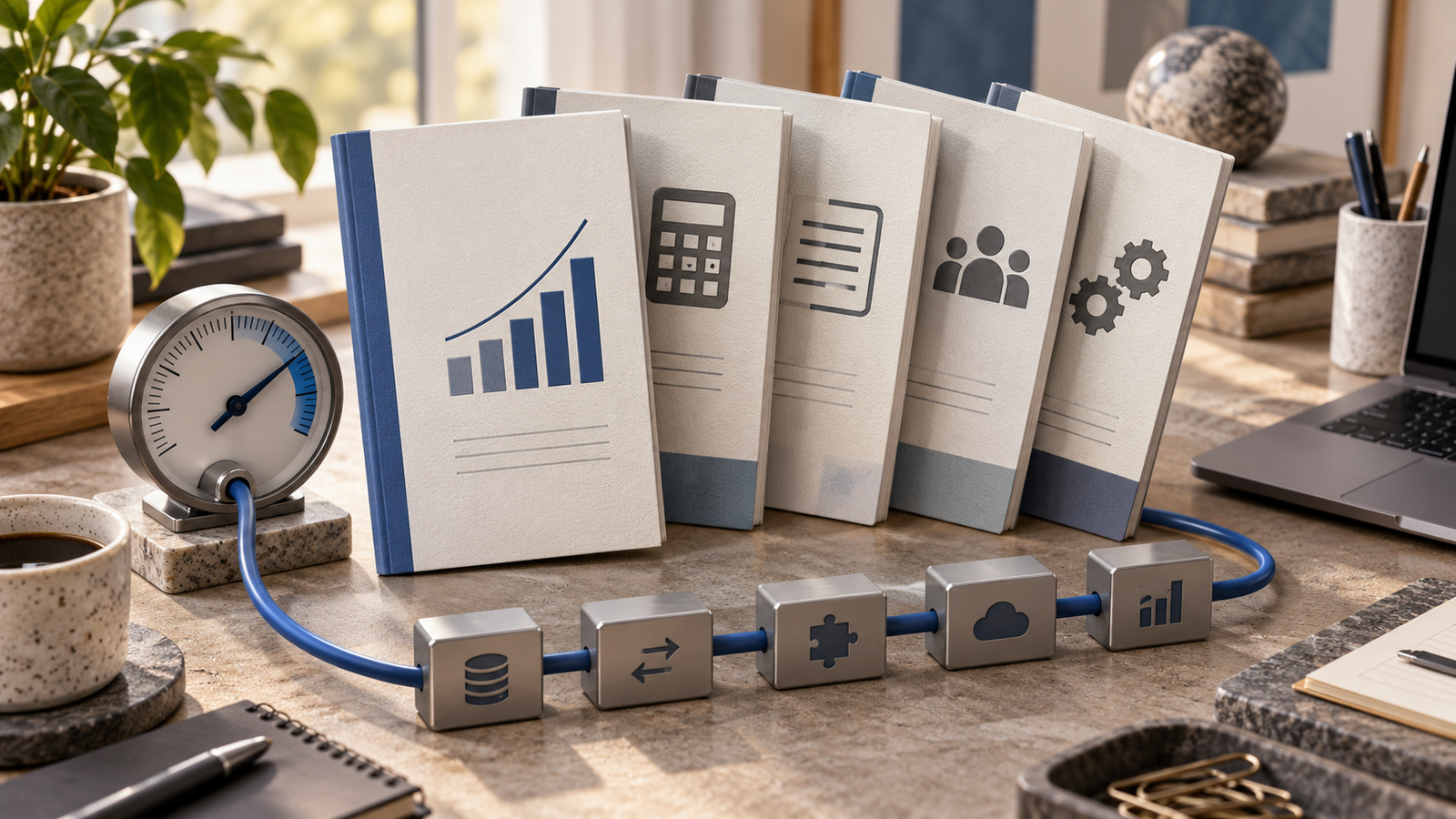 Cinco cadernos técnicos ao lado de componentes de integração e instrumento de conferência.