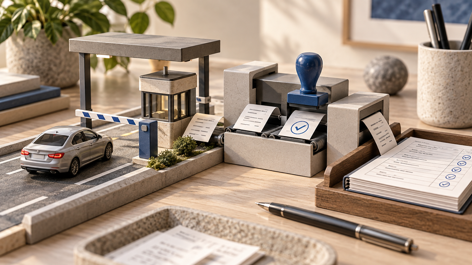 Miniatura de praça de pedágio com comprovantes e registro de manifestações do adquirente.