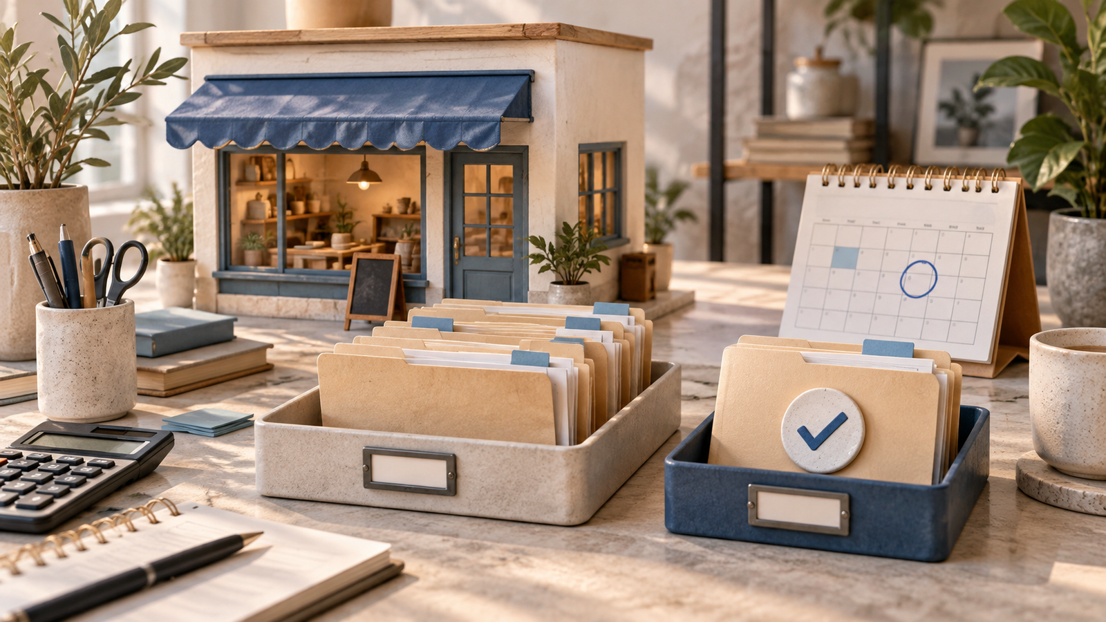 Maquete de pequena empresa e pastas separadas de solicitações e conferências.