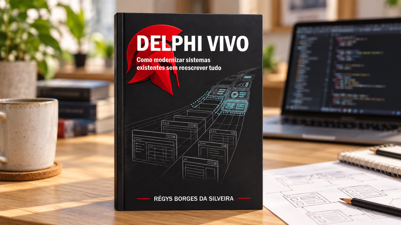 Composição ilustrativa: livro Delphi Vivo, de Régys Borges da Silveira, em destaque sobre uma mesa de trabalho.