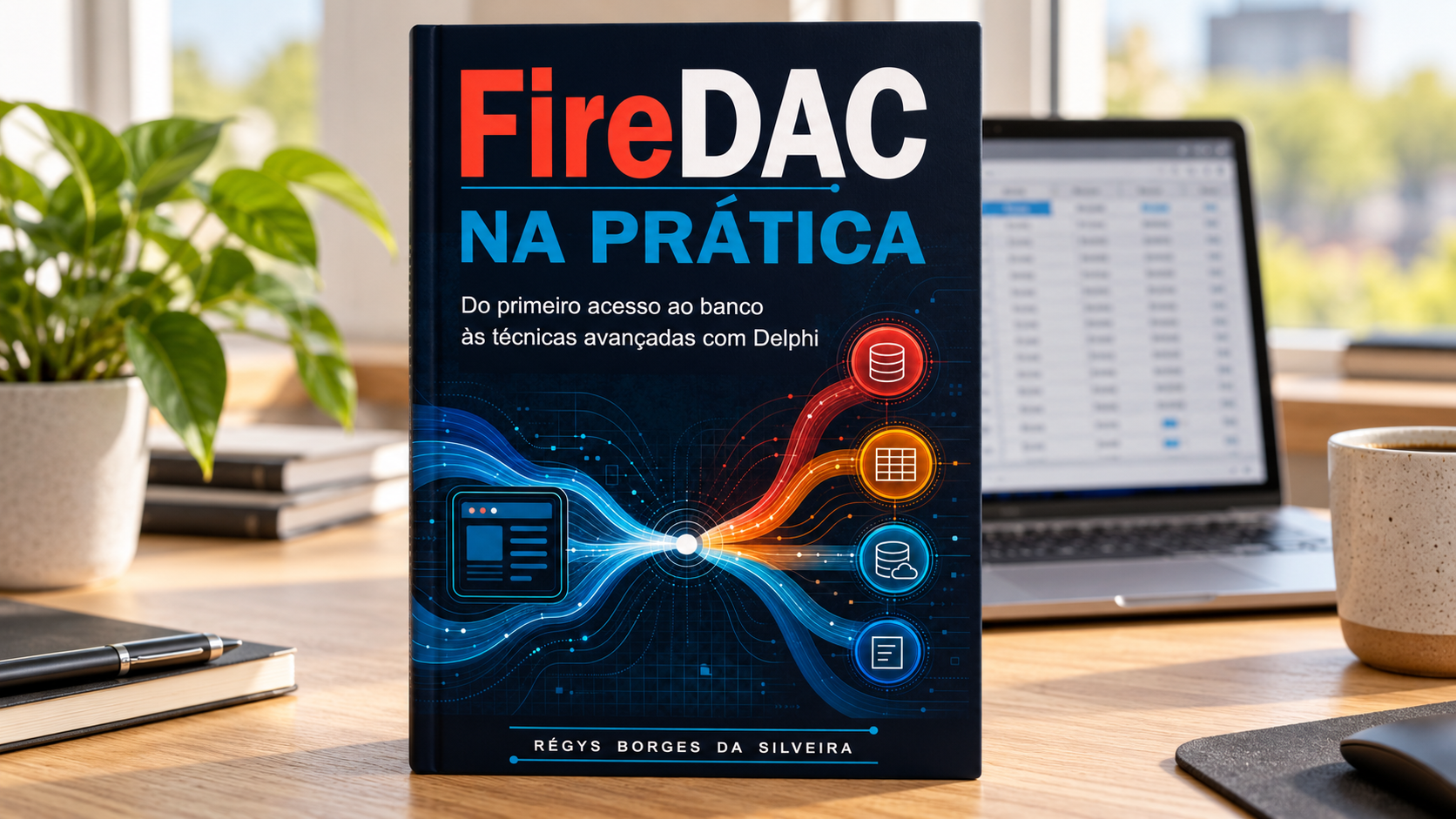 Composição ilustrativa: livro FireDAC na Prática, de Régys Borges da Silveira, em destaque sobre uma mesa de trabalho.