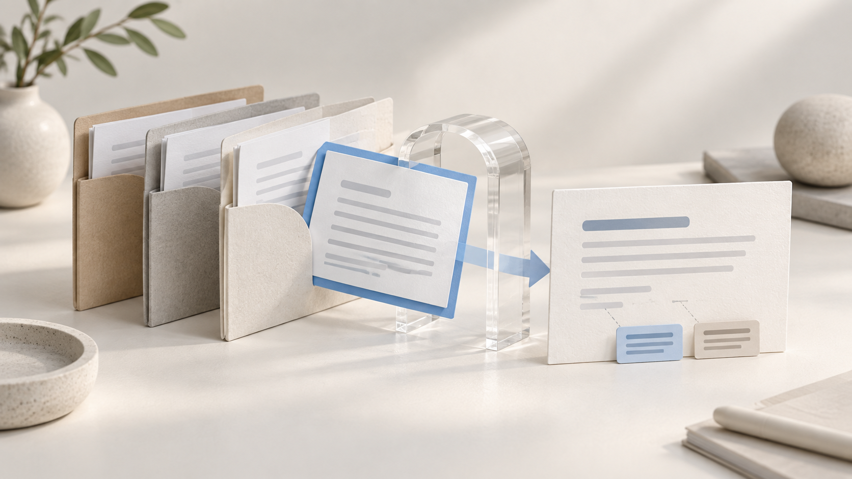 Ilustração conceitual de um documento selecionado entre pastas e associado a uma resposta com referências.