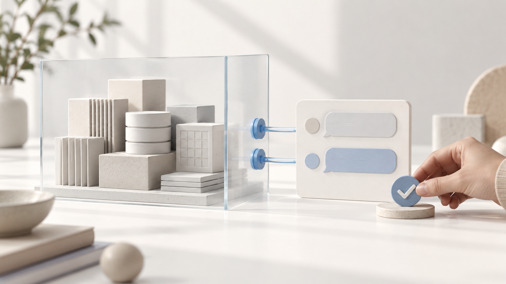 Ilustração conceitual de um sistema modular protegido por uma divisória com conectores delimitados e um elemento de aprovação.