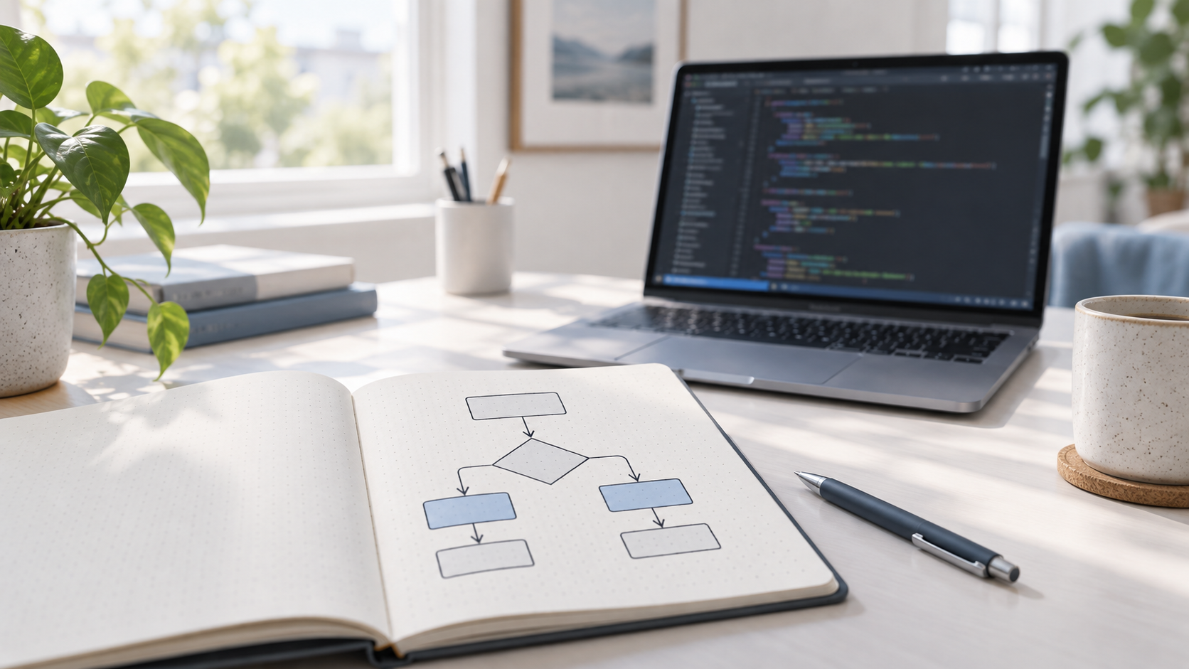 Mesa clara de desenvolvimento com notebook mostrando um fluxo de decisão e computador com código desfocado, representando a escolha de modelos de IA para programar.