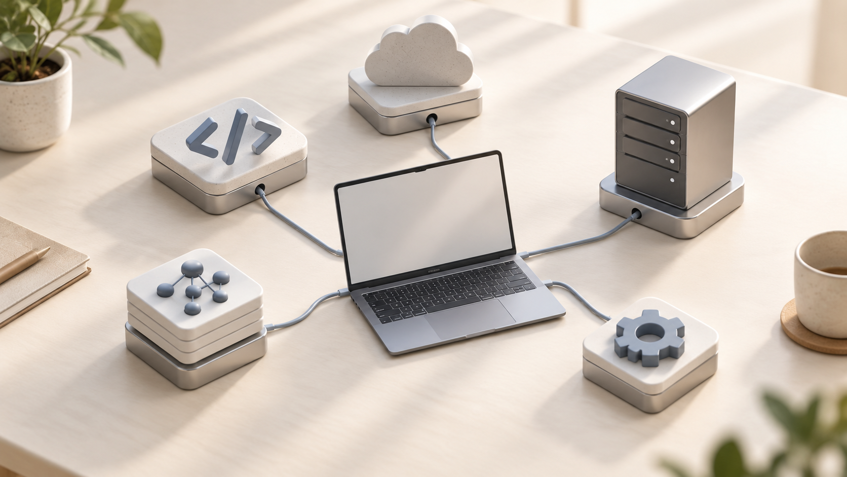 Ilustração conceitual de um notebook conectado a módulos de código, nuvem e servidor próprio, representando diferentes formas de usar modelos de IA