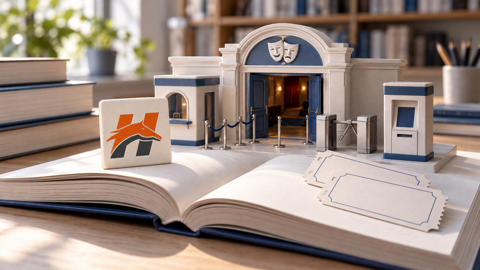 Ilustração conceitual de um livro aberto, uma placa com o emblema Horse, uma miniatura de teatro e ingressos, relacionando estudo e desenvolvimento de uma plataforma de eventos.