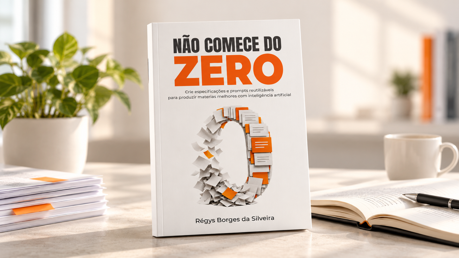 Mockup ilustrativo do livro Não Comece do Zero, com capa branca e laranja, ao lado de materiais de trabalho organizados.