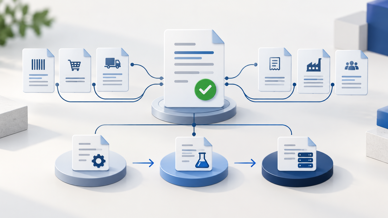 Documento técnico aprovado conectado a diferentes documentos fiscais e às etapas de especificação, teste e produção
