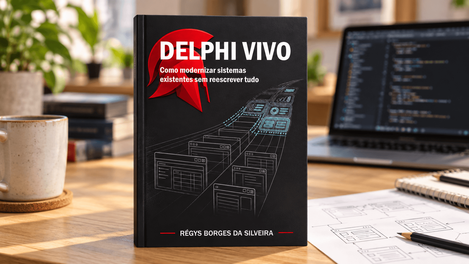 Composição ilustrativa: livro Delphi Vivo, de Régys Borges da Silveira, em destaque sobre uma mesa de trabalho.