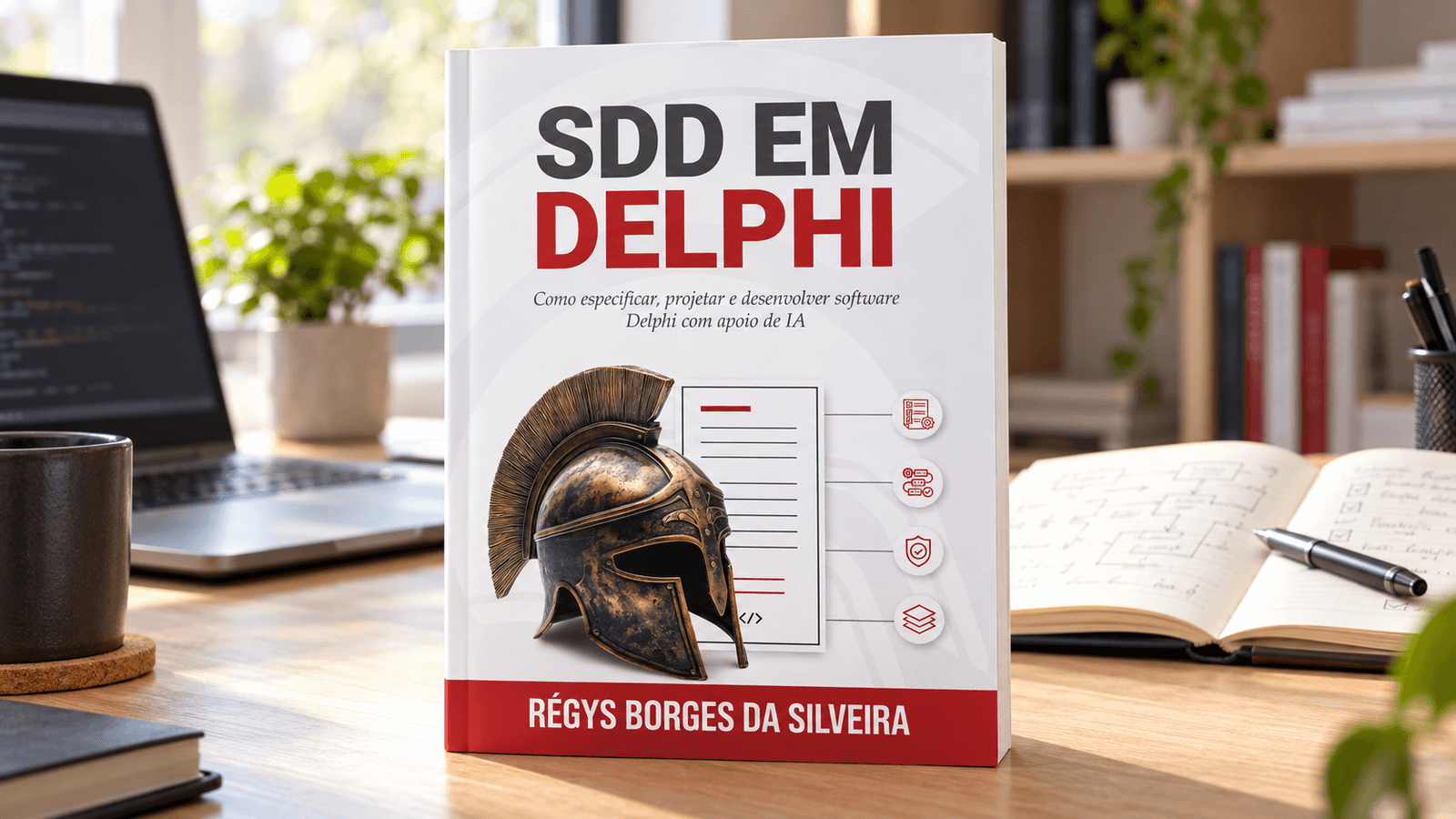 Composição ilustrativa: livro SDD em Delphi, de Régys Borges da Silveira, em destaque sobre uma mesa de trabalho.