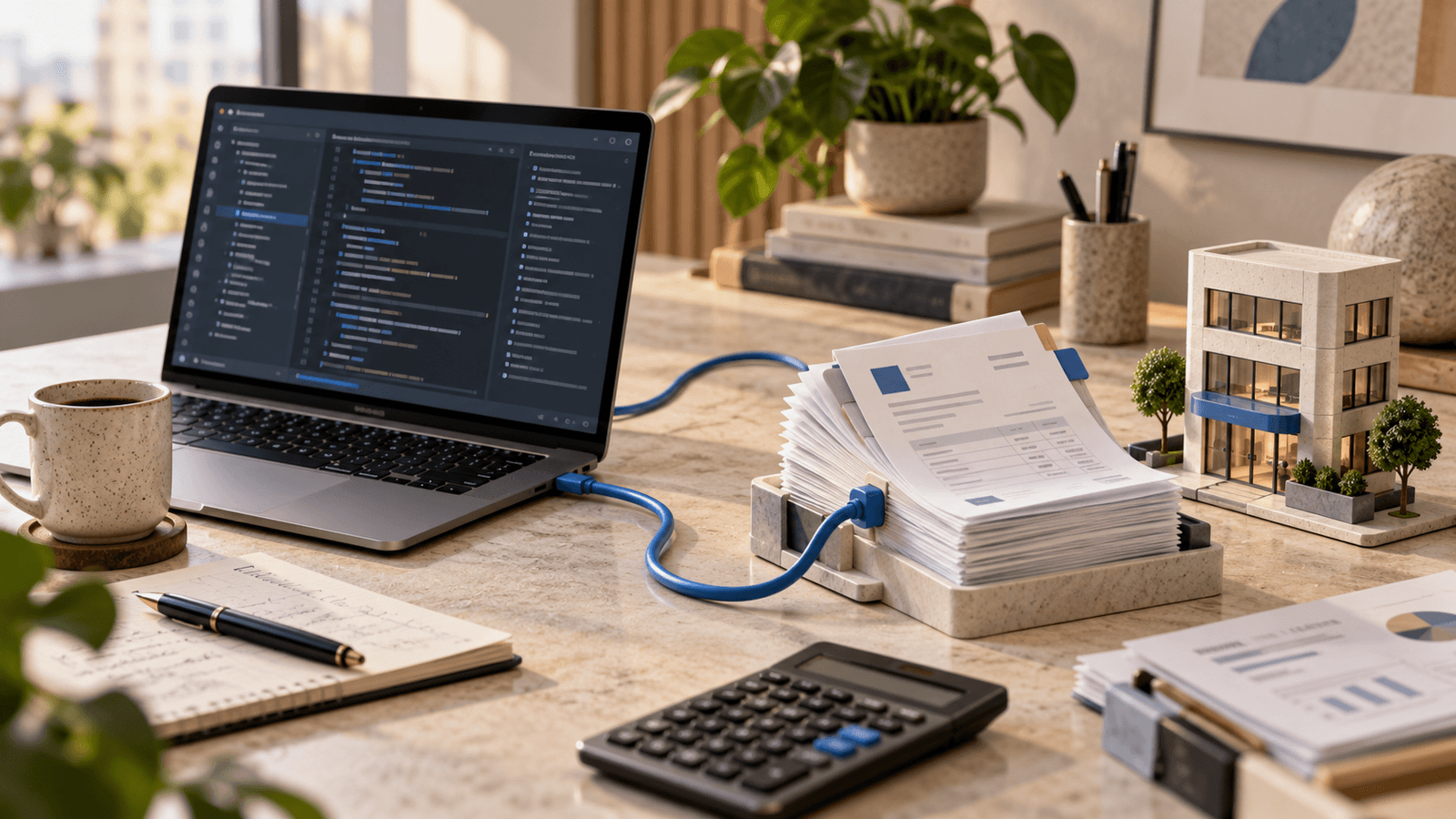 Cena ilustrativa de integração entre software, documentos fiscais e empresa.
