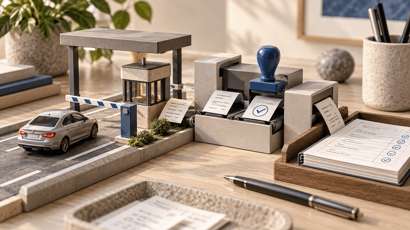 Miniatura de praça de pedágio com comprovantes e registro de manifestações do adquirente.